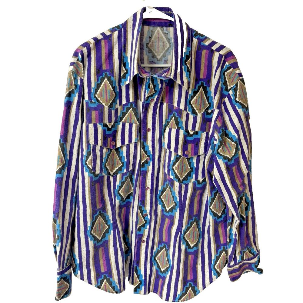 90s Vintage Mens Western Pearl Snap Button Up Purple Size XL Colorful Geometric